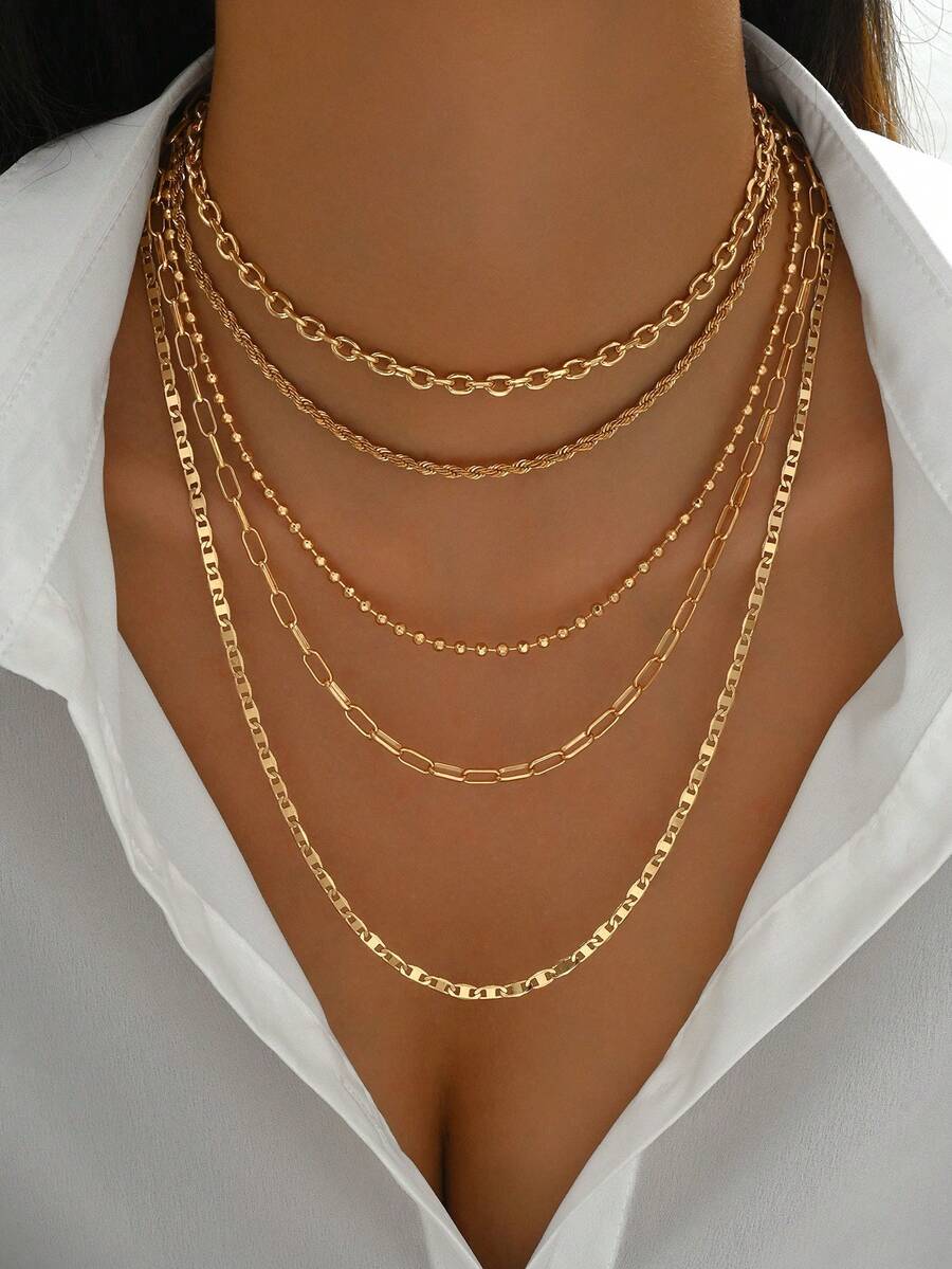 Layered Necklace Set - 5pcs/Set Simple Braided Bead Chain Necklaces,