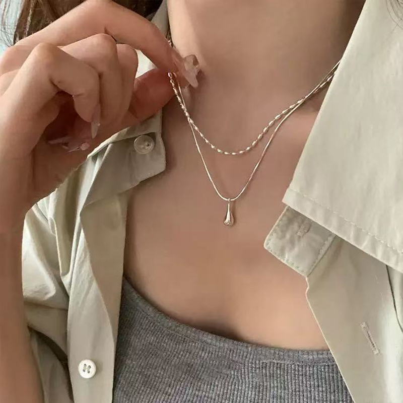 Real 925 Sterling Silver Doubl - Layered Necklace Set ulasan dan harga