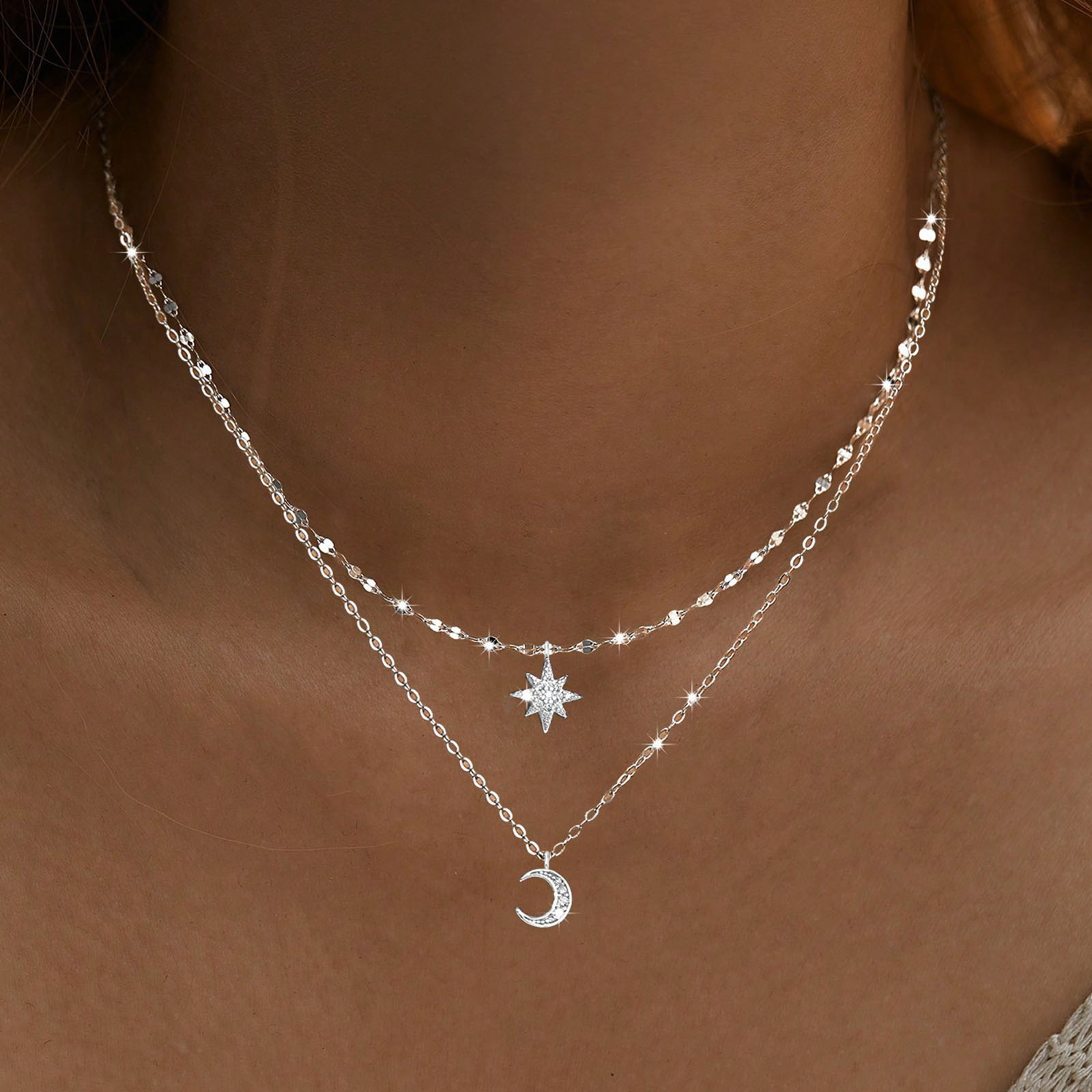 925 sterling silver moon Doubl - Layered Necklace Set ulasan dan harga