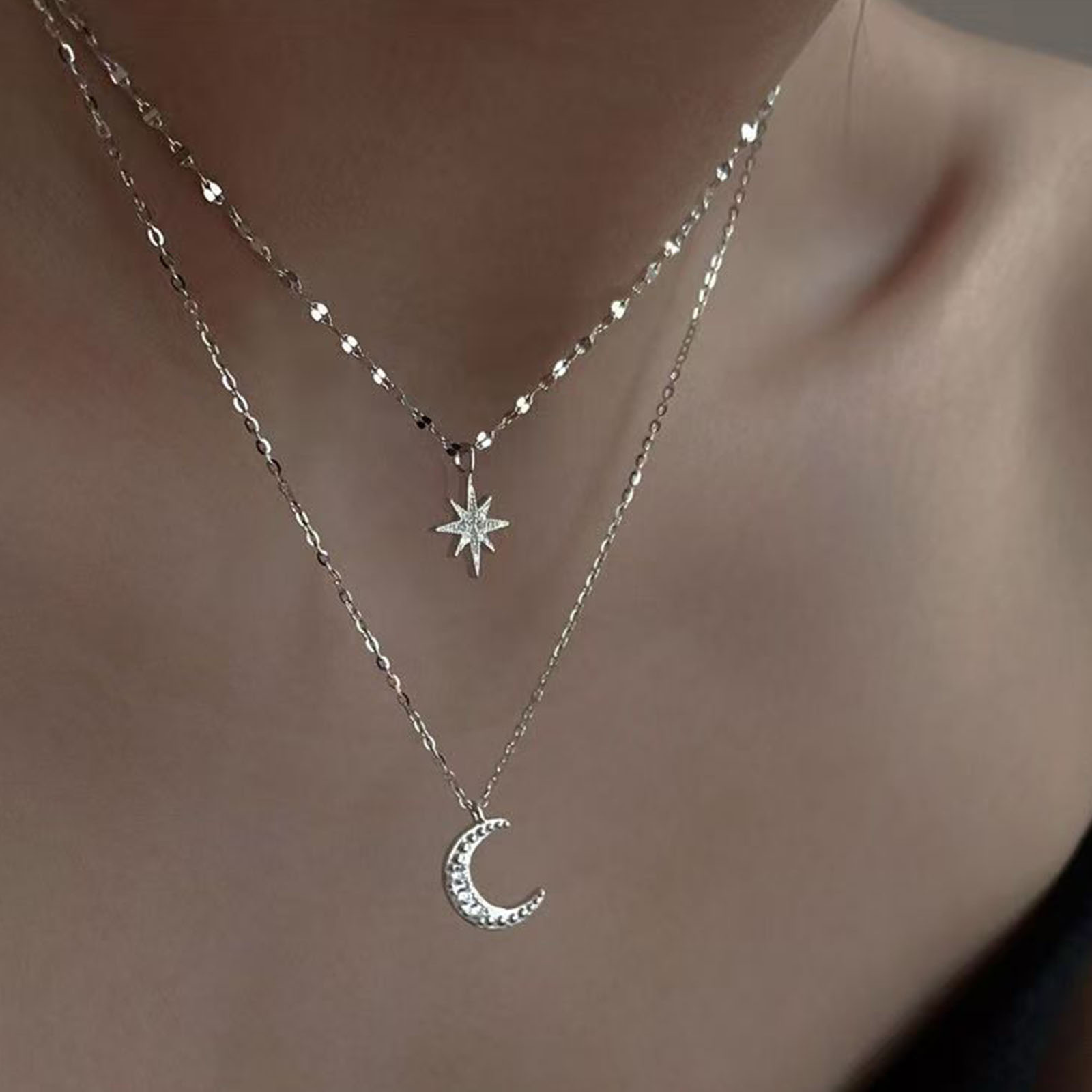 925 sterling silver moon Doubl - Layered Necklace Set ulasan dan harga
