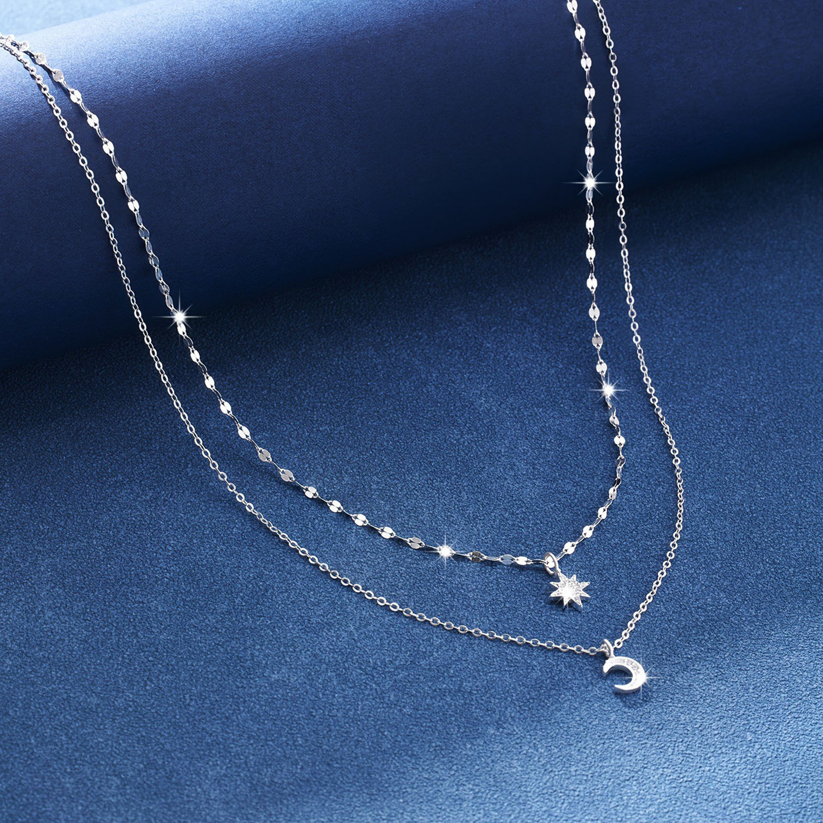 925 sterling silver moon Doubl - Layered Necklace Set ulasan dan harga