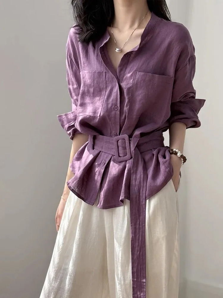 Vintage Belt Cotton Linen Shir - Women Electronic Accessories ulasan dan harga