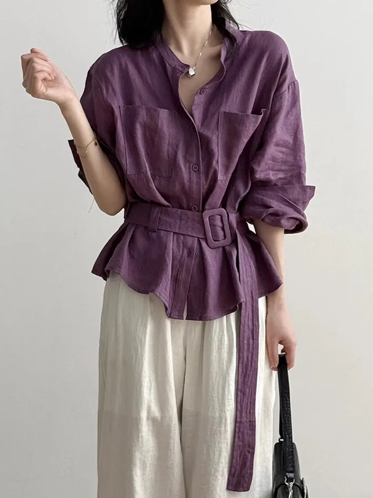 Vintage Belt Cotton Linen Shir - Women Electronic Accessories ulasan dan harga