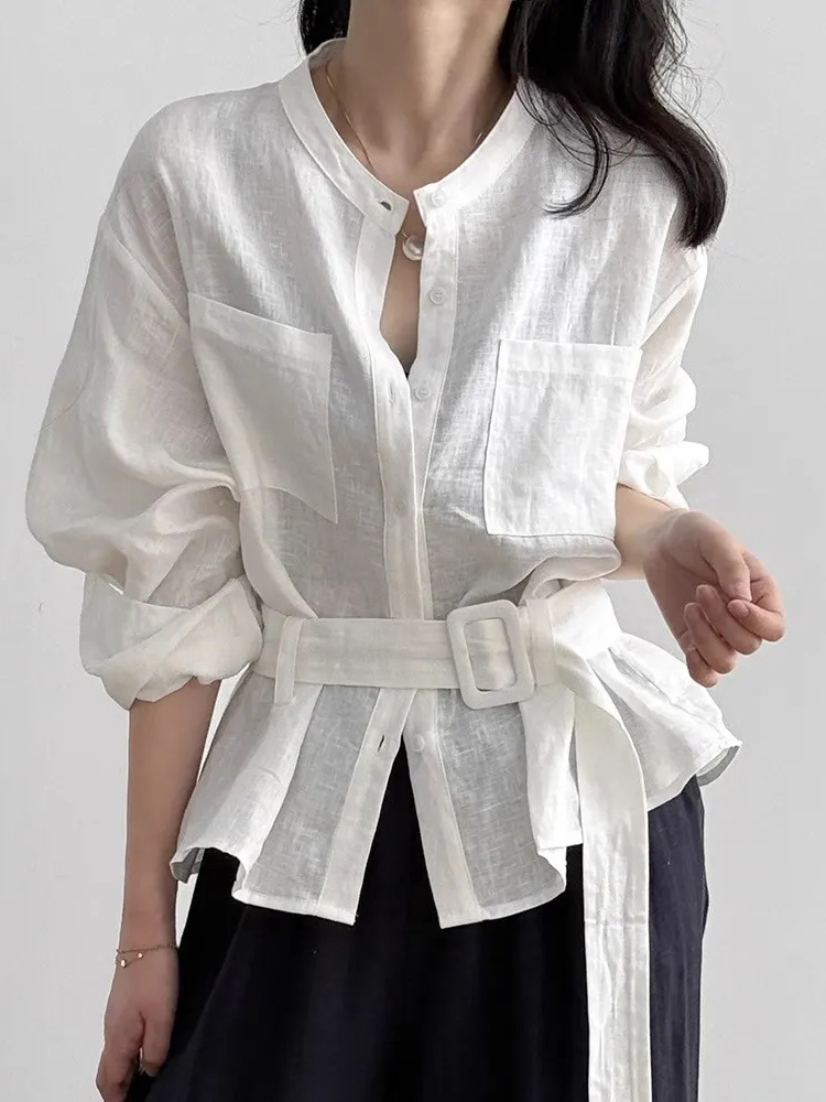 Vintage Belt Cotton Linen Shir - Women Electronic Accessories ulasan dan harga