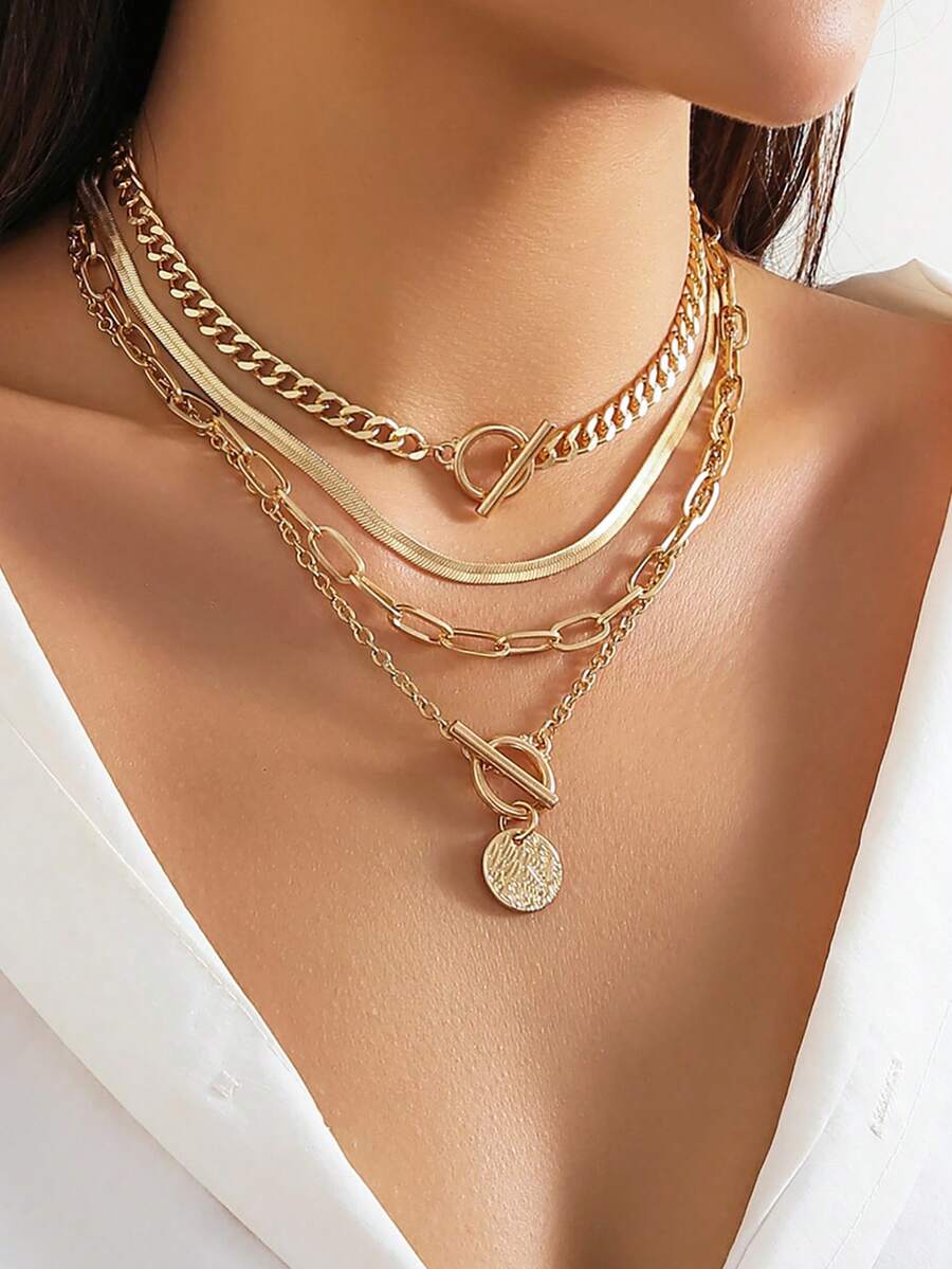 4pcs/Set Vintage Simple Flat S - Layered Necklace Set ulasan dan harga