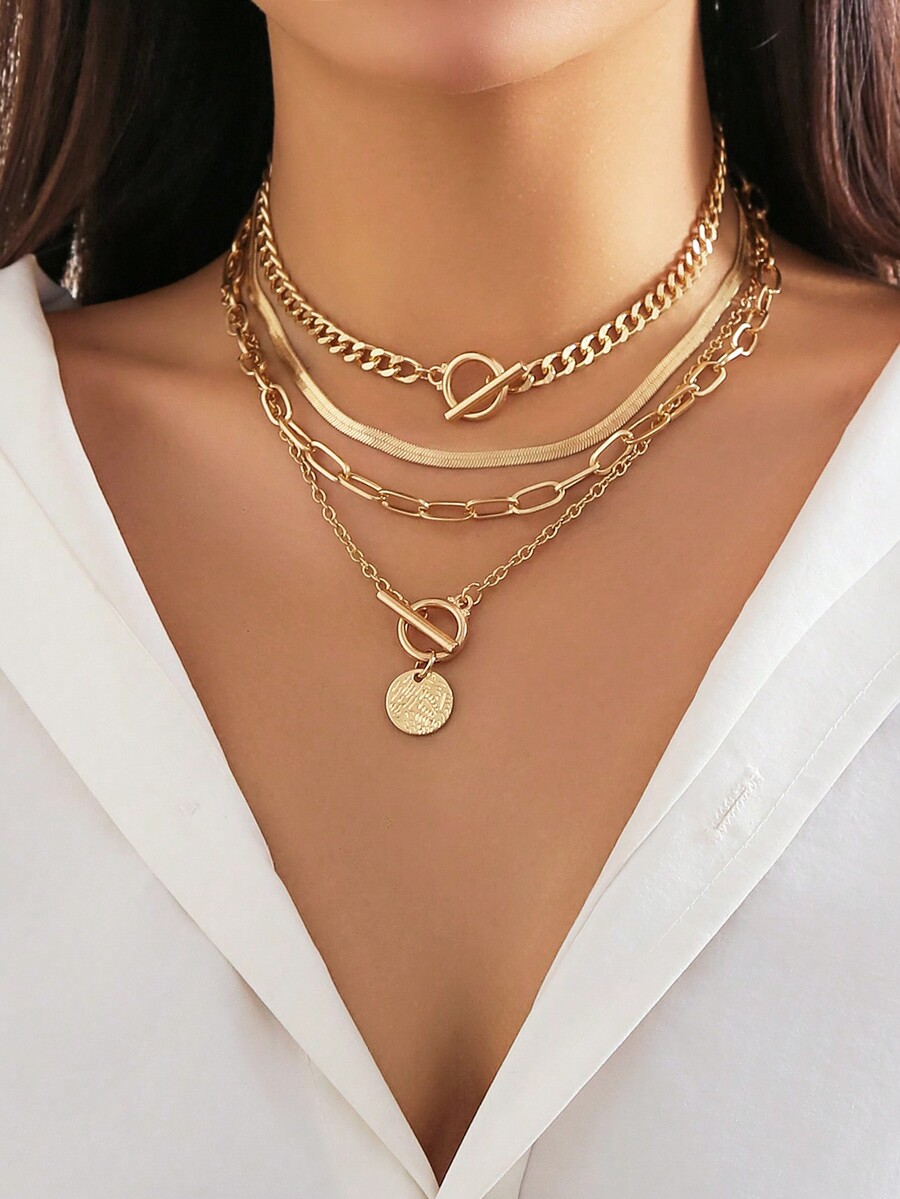 4pcs/Set Vintage Simple Flat S - Layered Necklace Set ulasan dan harga