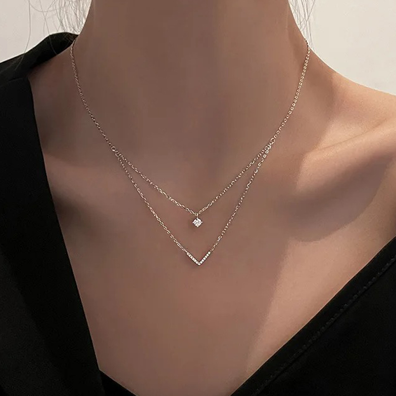 Anziw V Letter 5mm Moissanite  - Layered Necklace Set ulasan dan harga