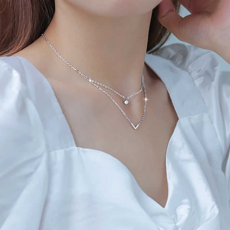 Anziw V Letter 5mm Moissanite  - Layered Necklace Set ulasan dan harga