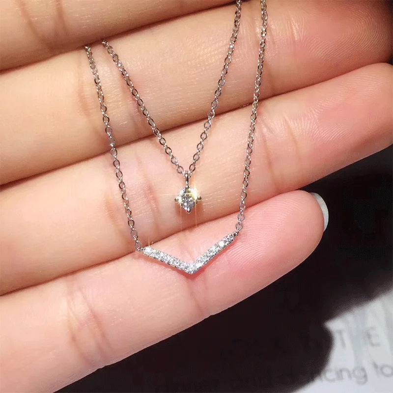 Anziw V Letter 5mm Moissanite  - Layered Necklace Set ulasan dan harga